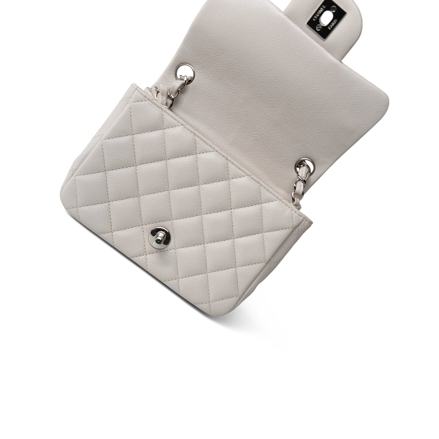 Light Grey Caviar Quilted Mini Square Flap Silver Hardware