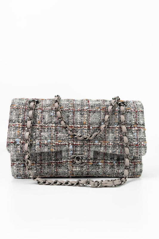 Grey Tweed Quilted Classic Flap Medium Shiny Ruthenium Hardware