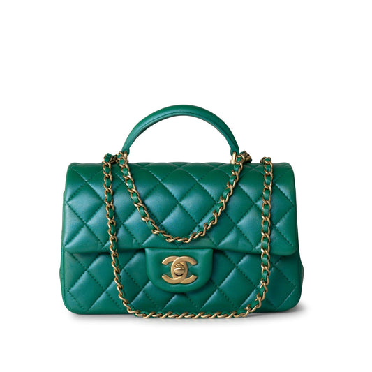 Iridescent Green Lambskin Quilted Mini Top Handle LGHW