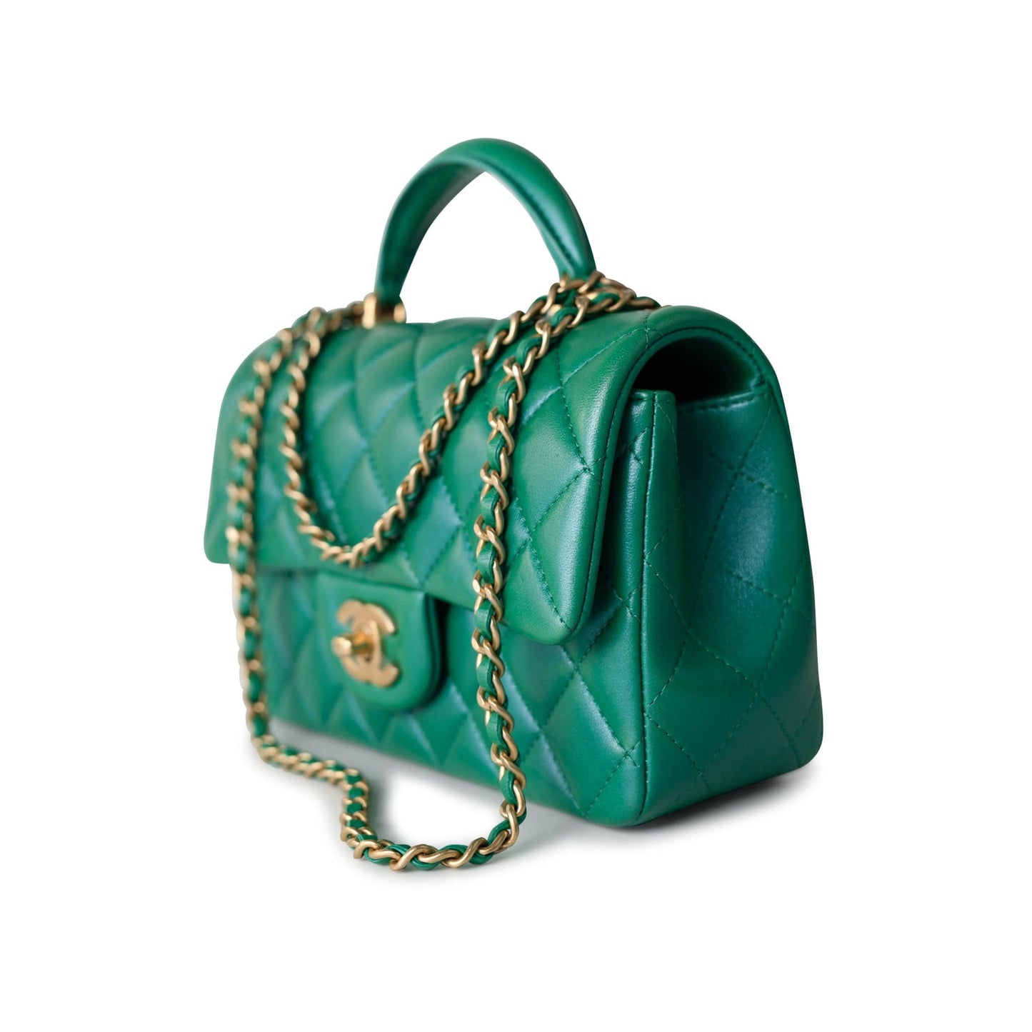 Iridescent Green Lambskin Quilted Mini Top Handle LGHW