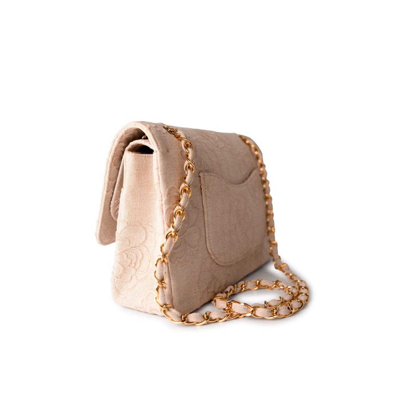 Ivory Canvas Camellia Classic Double Flap Gold Hardware Vintage