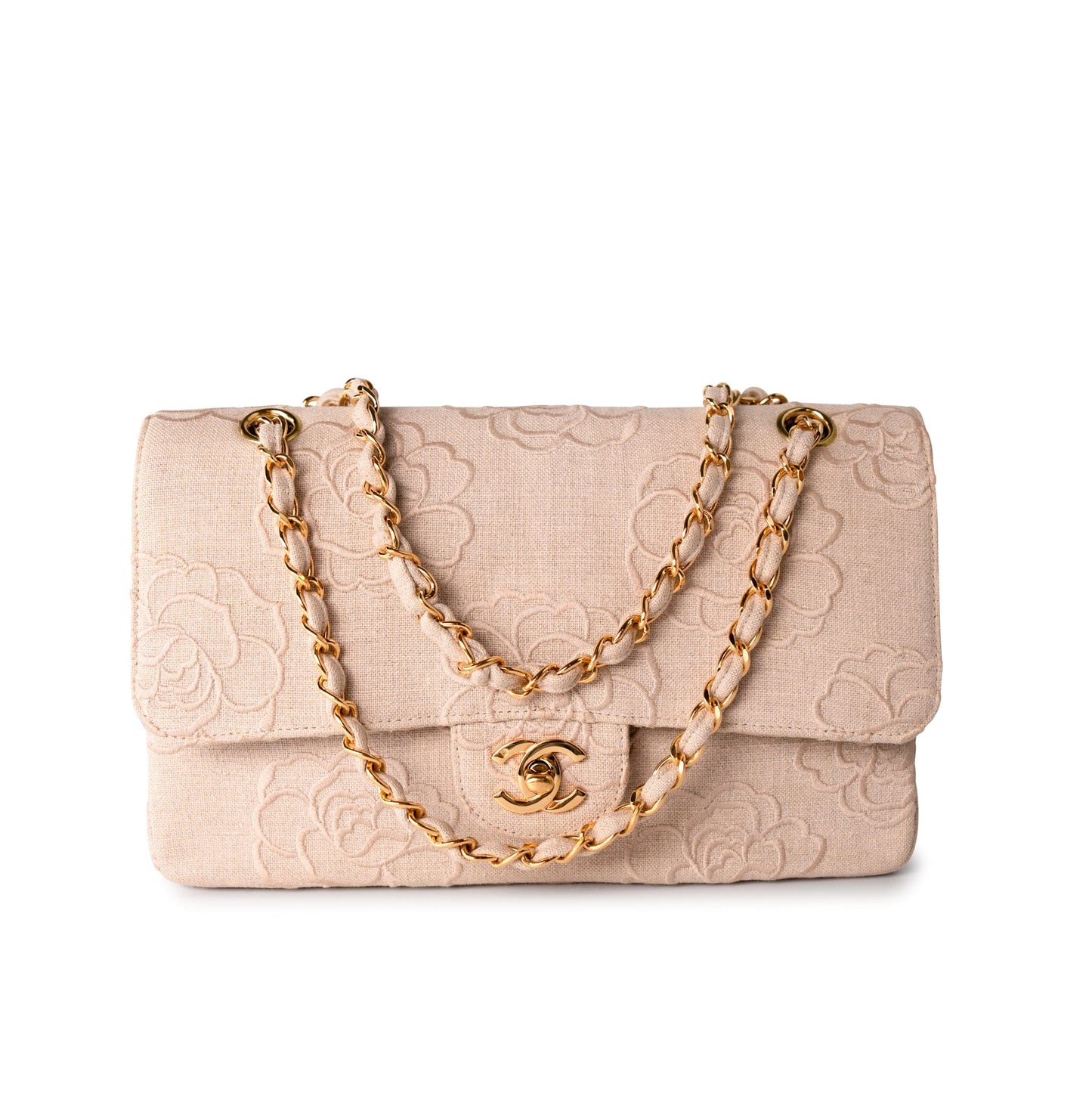 Ivory Canvas Camellia Classic Double Flap Gold Hardware Vintage