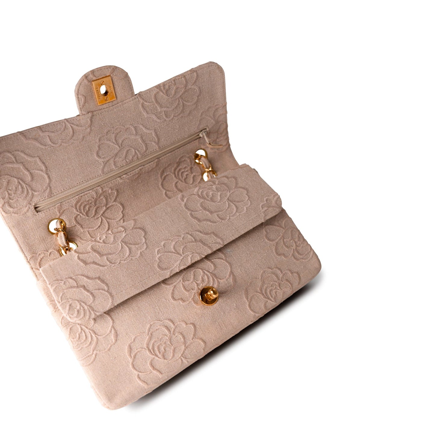 Ivory Canvas Camellia Classic Double Flap Gold Hardware Vintage