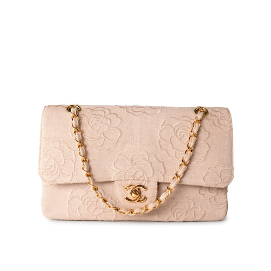 Ivory Canvas Camellia Classic Double Flap Gold Hardware Vintage