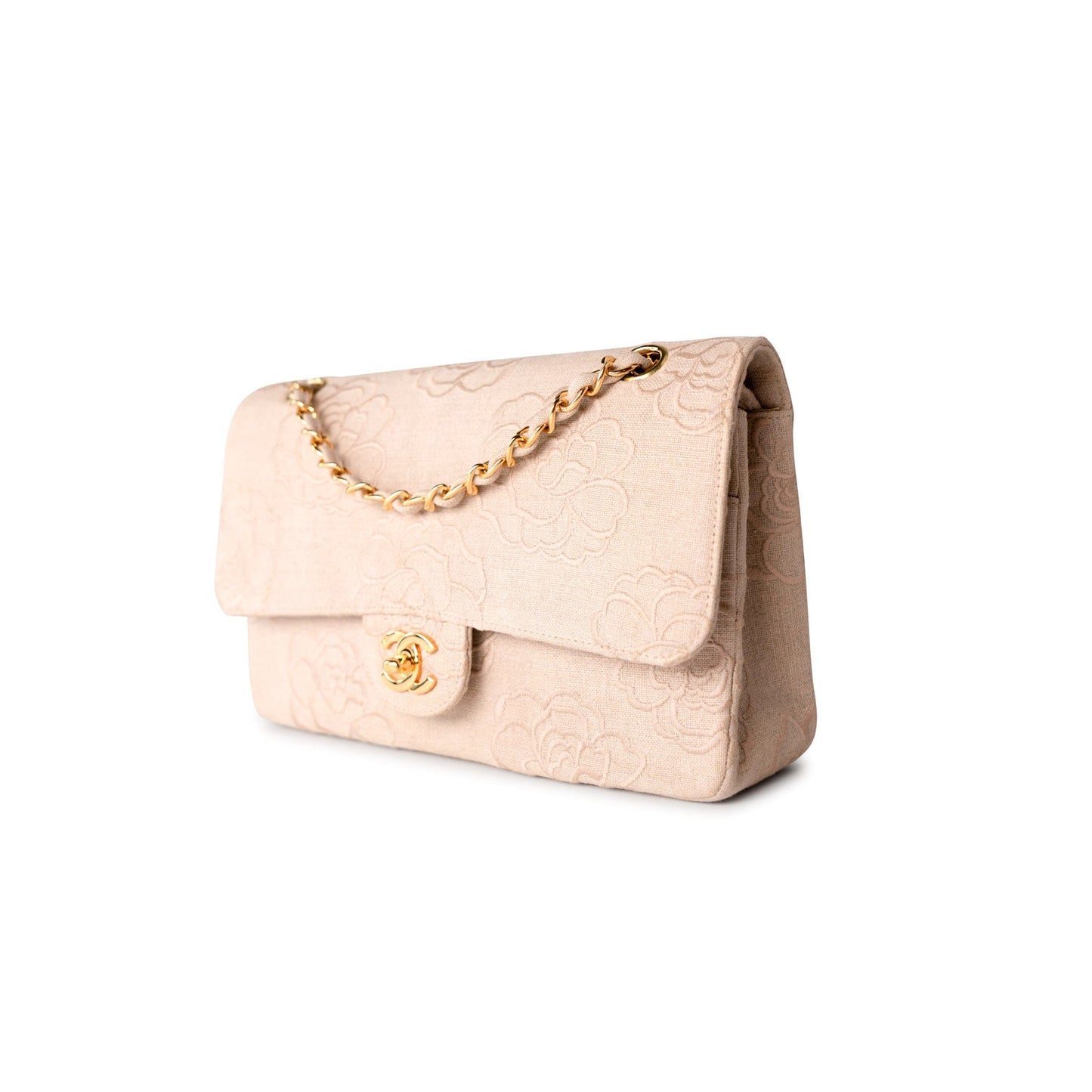 Ivory Canvas Camellia Classic Double Flap Gold Hardware Vintage