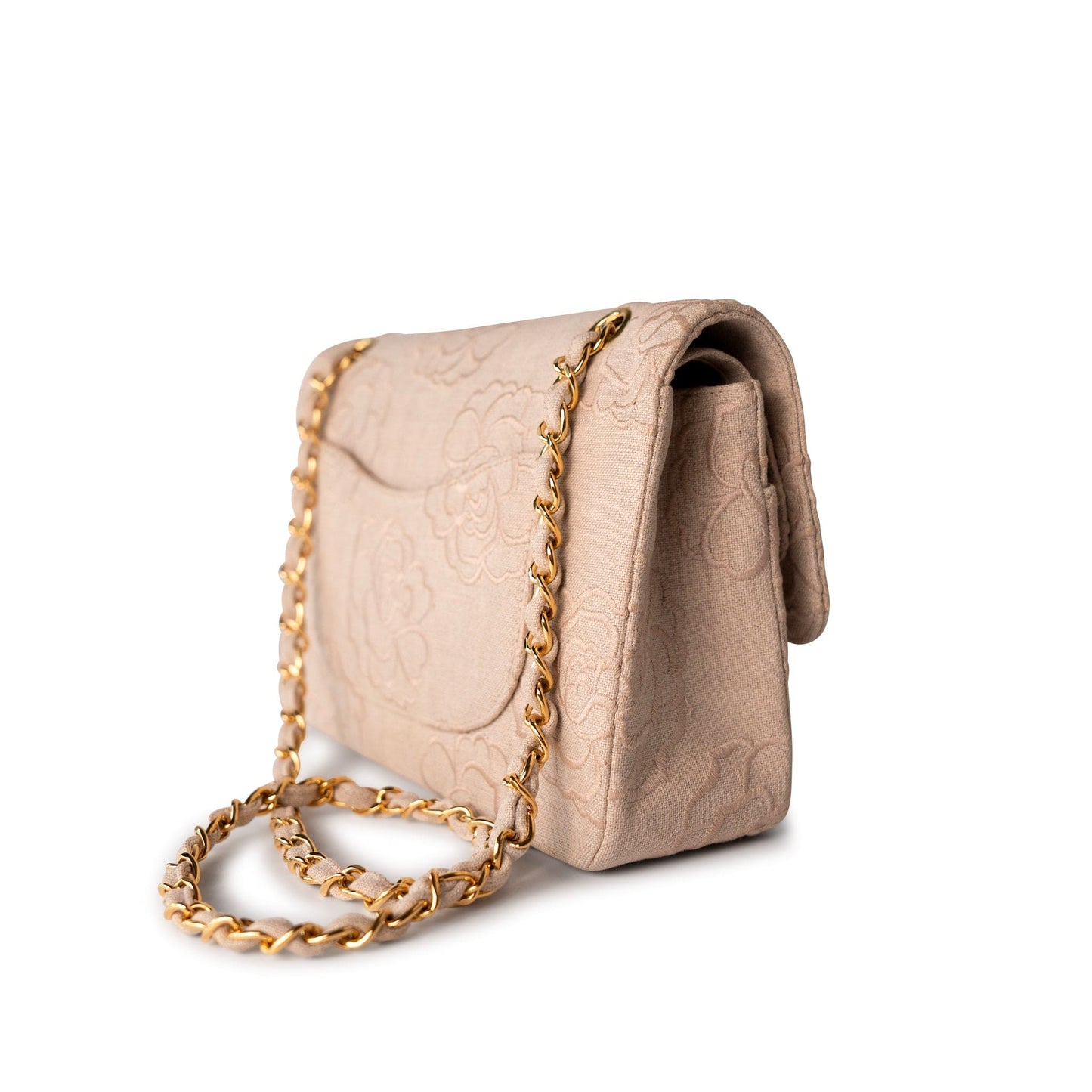 Ivory Canvas Camellia Classic Double Flap Gold Hardware Vintage