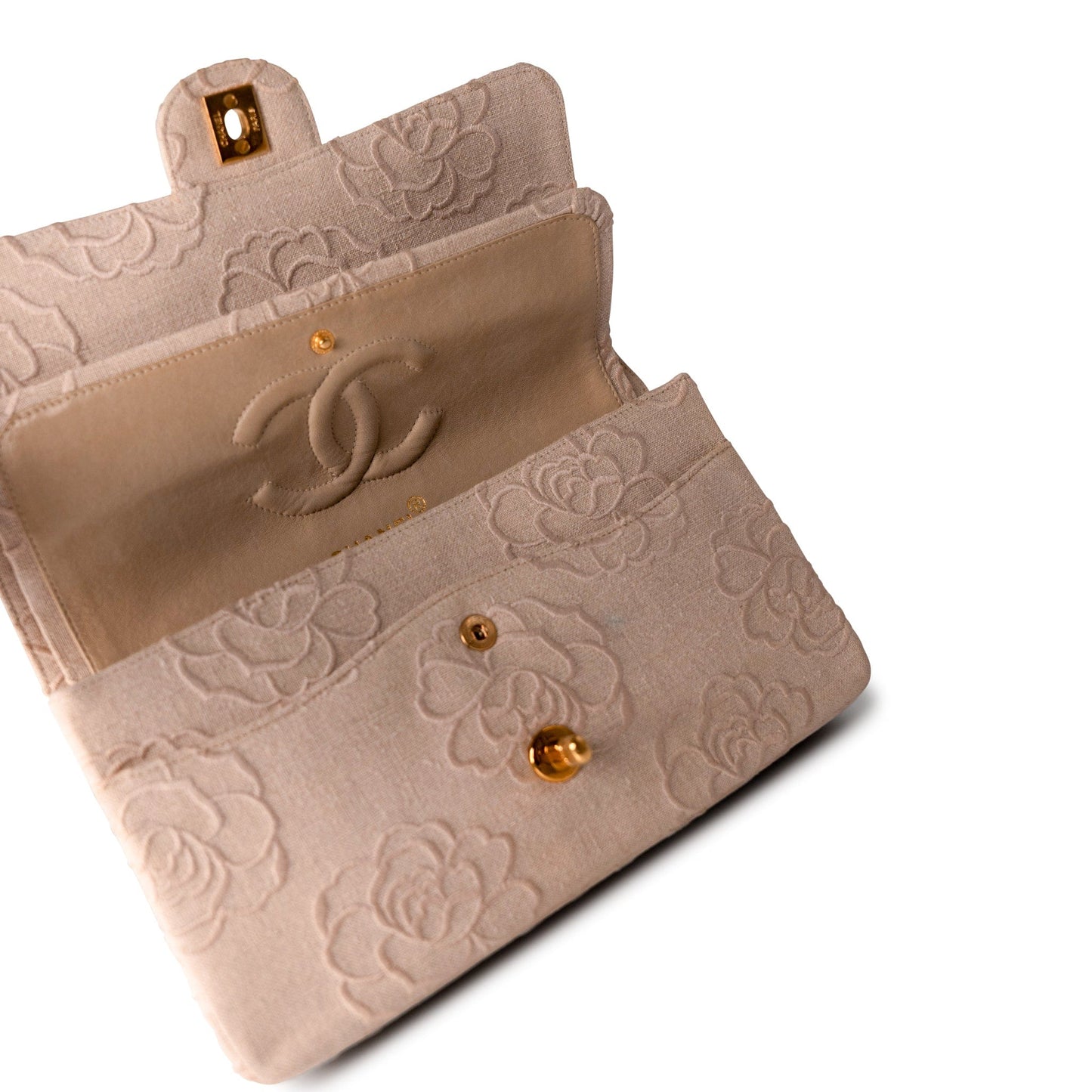 Ivory Canvas Camellia Classic Double Flap Gold Hardware Vintage