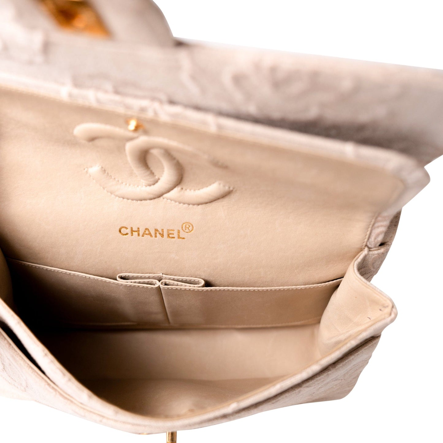 Ivory Canvas Camellia Classic Double Flap Gold Hardware Vintage