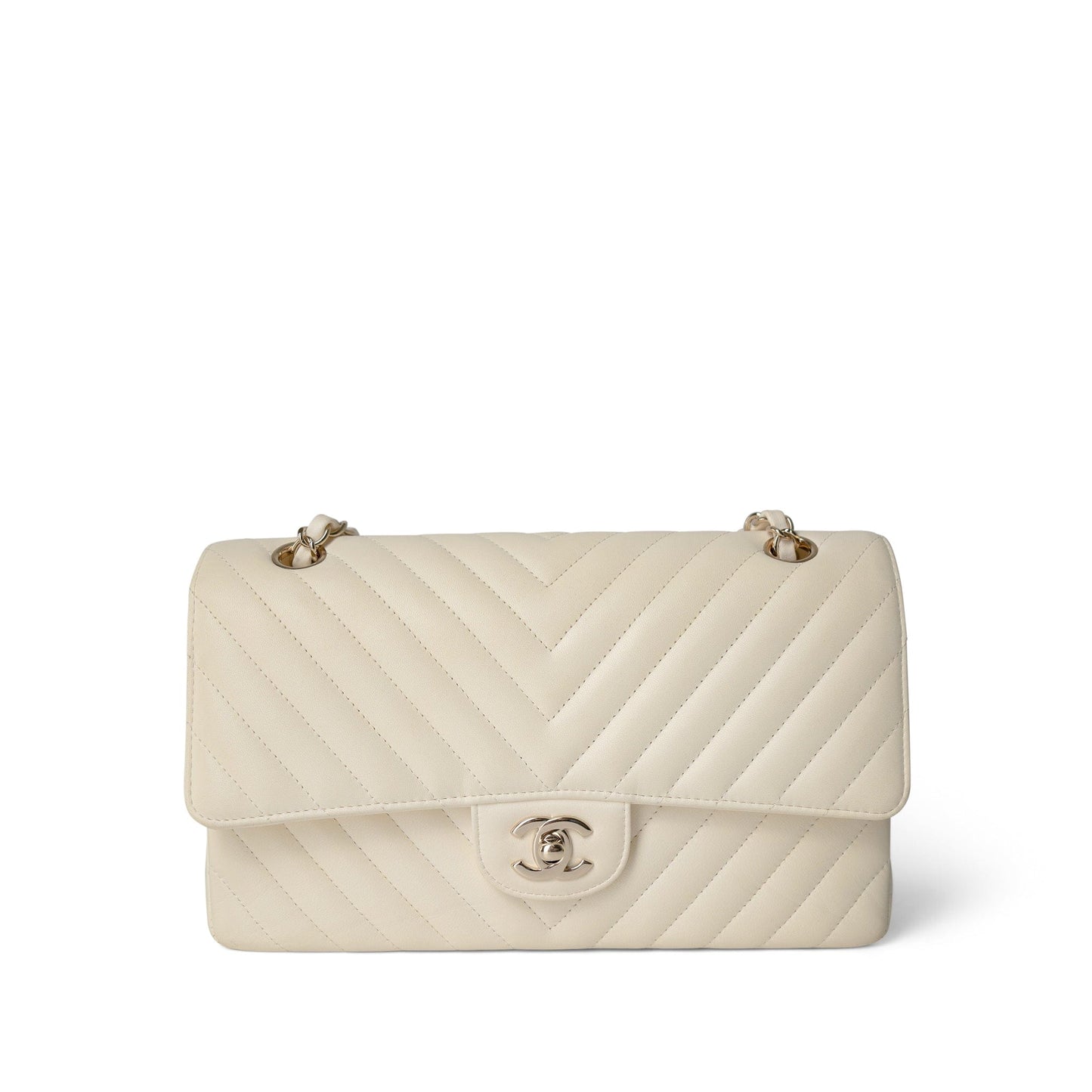 18C Ivory Chevron Lambskin Medium Classic Flap Light Gold Hardware