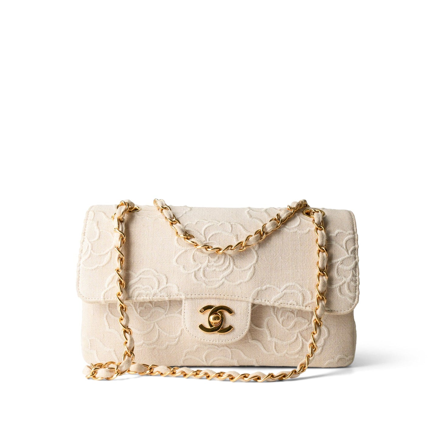 Ivory Canvas Camellia Classic Double Flap Gold Hardware Vintage