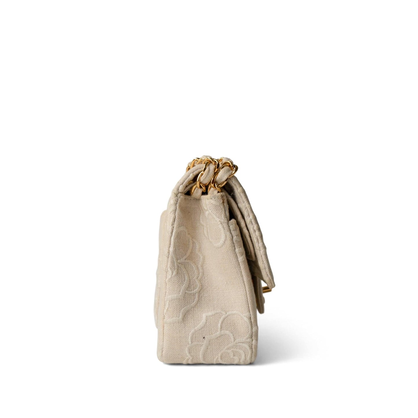 Ivory Canvas Camellia Classic Double Flap Gold Hardware Vintage