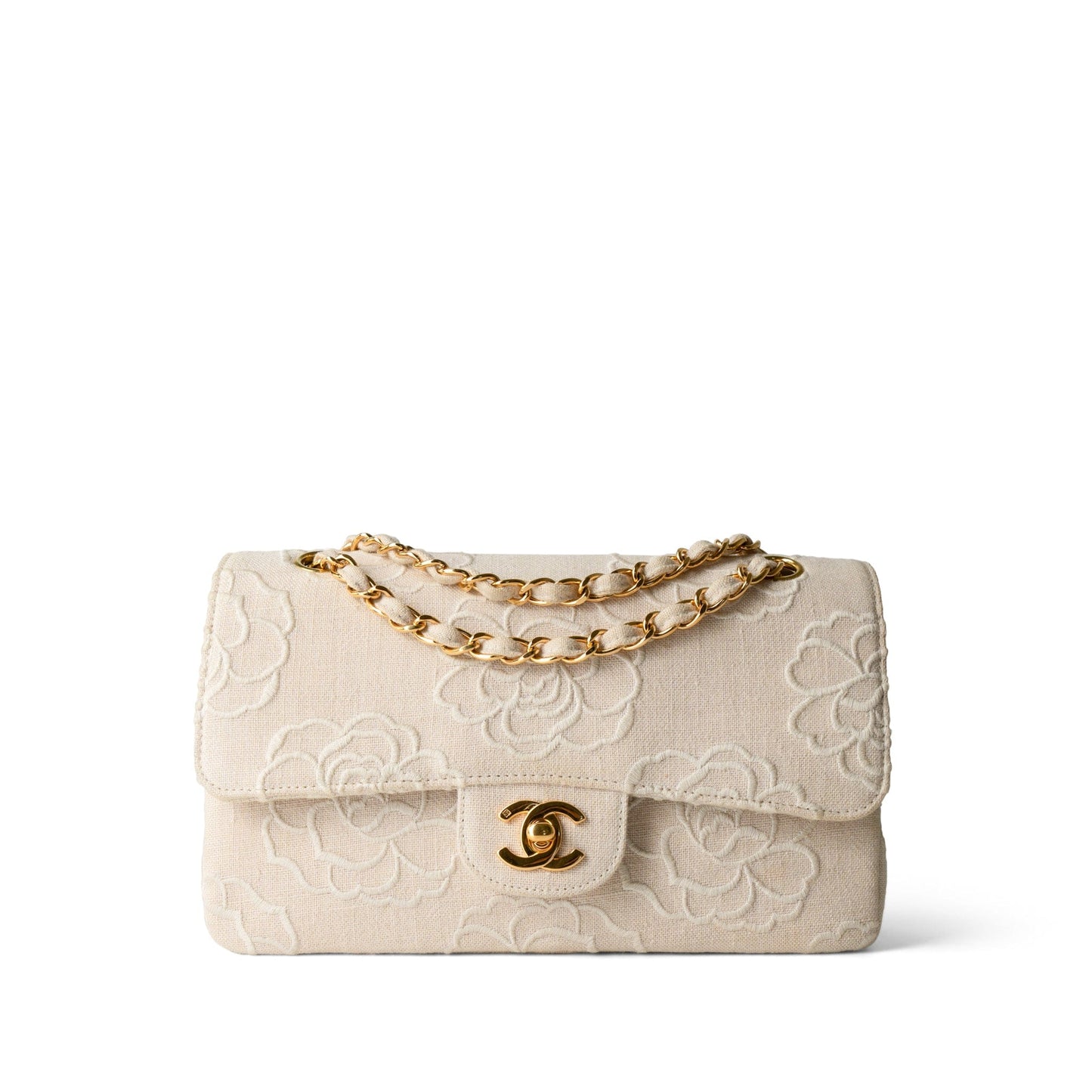 Ivory Canvas Camellia Classic Double Flap Gold Hardware Vintage