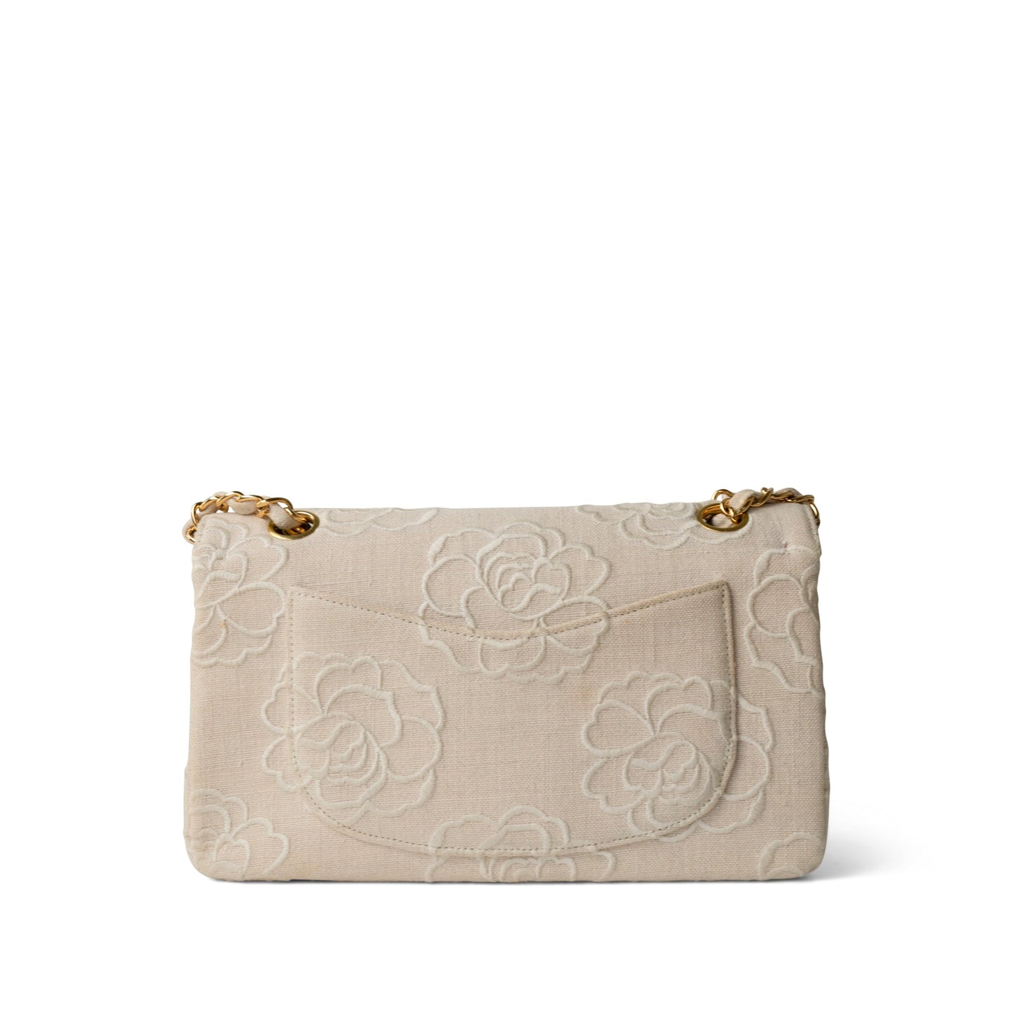 Ivory Canvas Camellia Classic Double Flap Gold Hardware Vintage