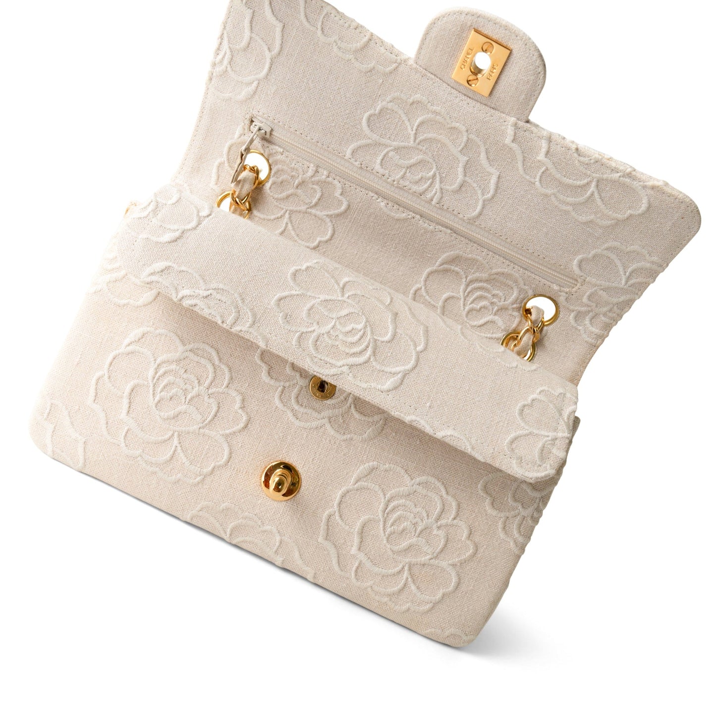 Ivory Canvas Camellia Classic Double Flap Gold Hardware Vintage