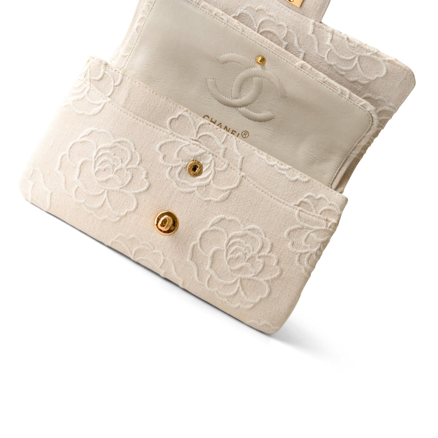 Ivory Canvas Camellia Classic Double Flap Gold Hardware Vintage