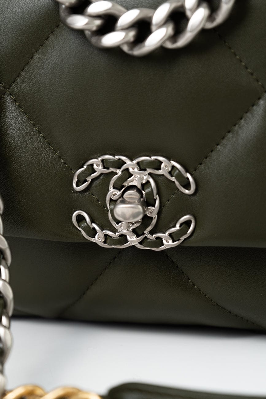 Khaki/ Olive Green Lambskin Quilted 19 Flap Small