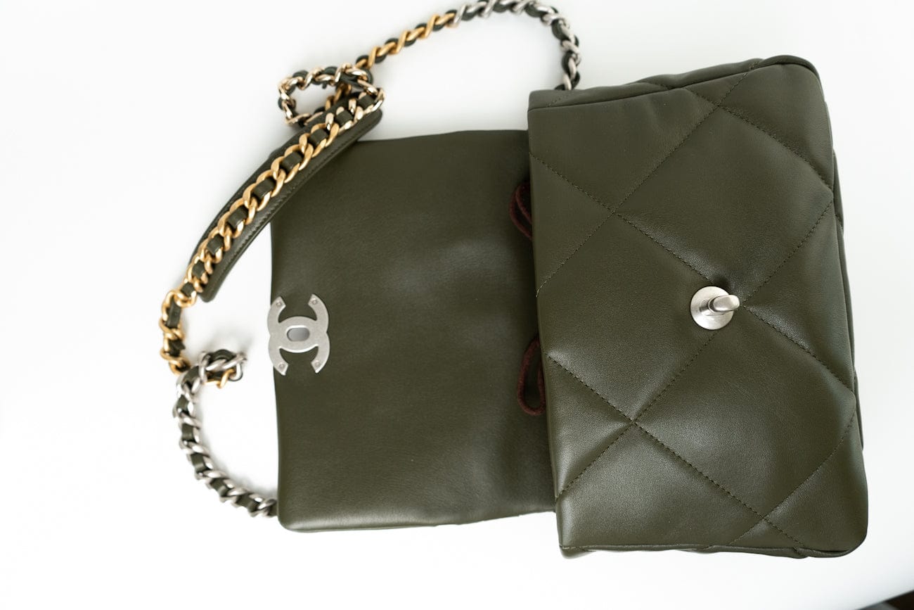 Khaki/ Olive Green Lambskin Quilted 19 Flap Small