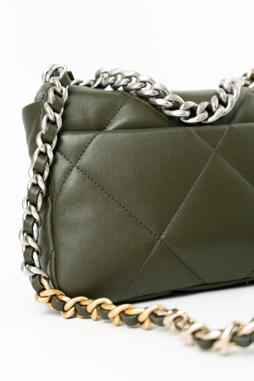 Khaki/ Olive Green Lambskin Quilted 19 Flap Small