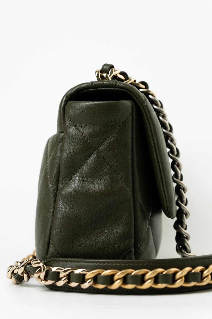 Khaki/ Olive Green Lambskin Quilted 19 Flap Small