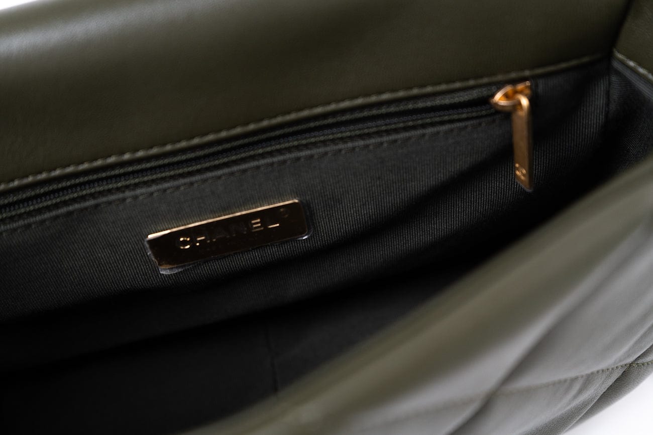 Khaki/ Olive Green Lambskin Quilted 19 Flap Small