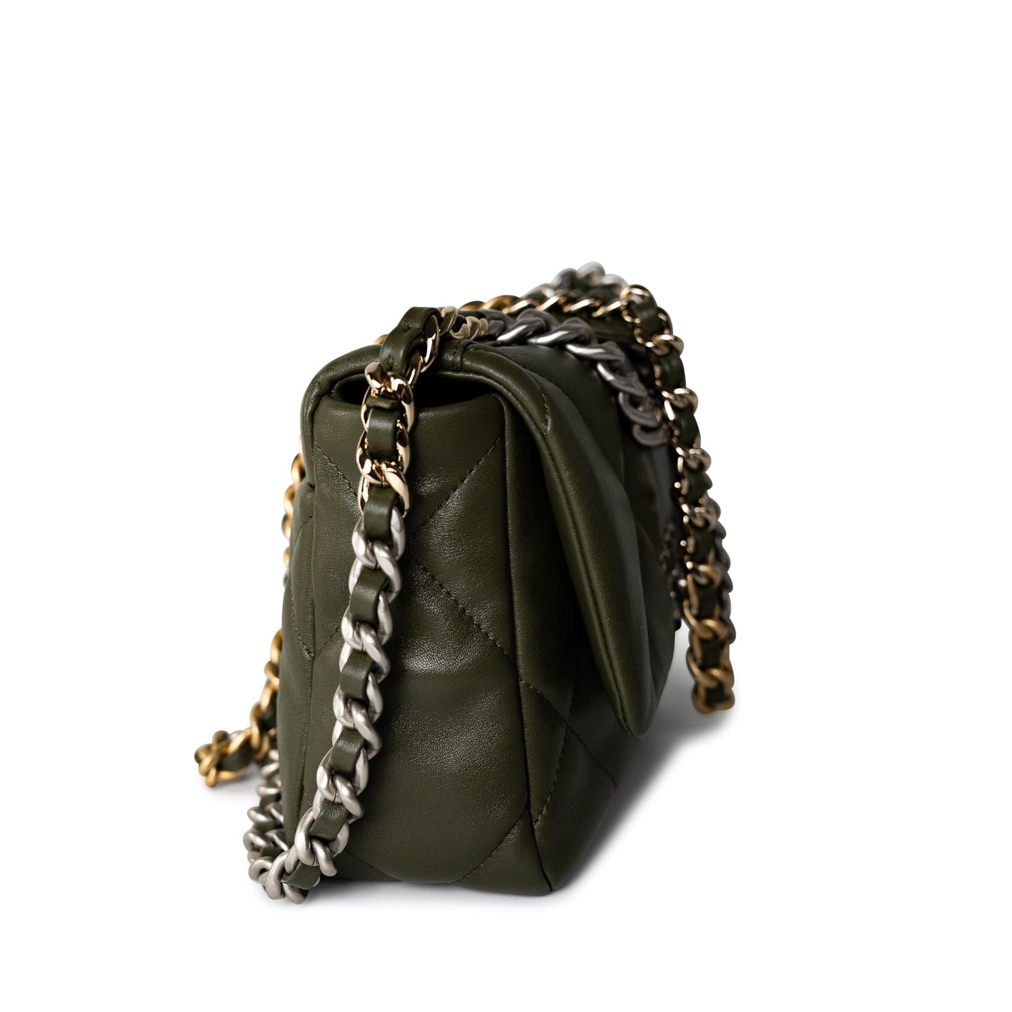 Khaki/ Olive Green Lambskin Quilted 19 Flap Small