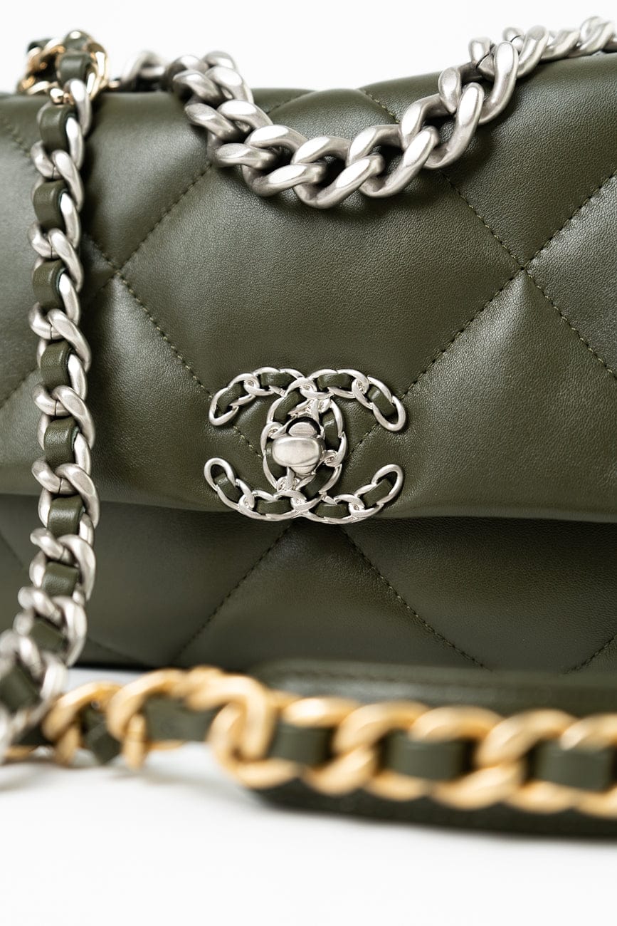 Khaki/ Olive Green Lambskin Quilted 19 Flap Small