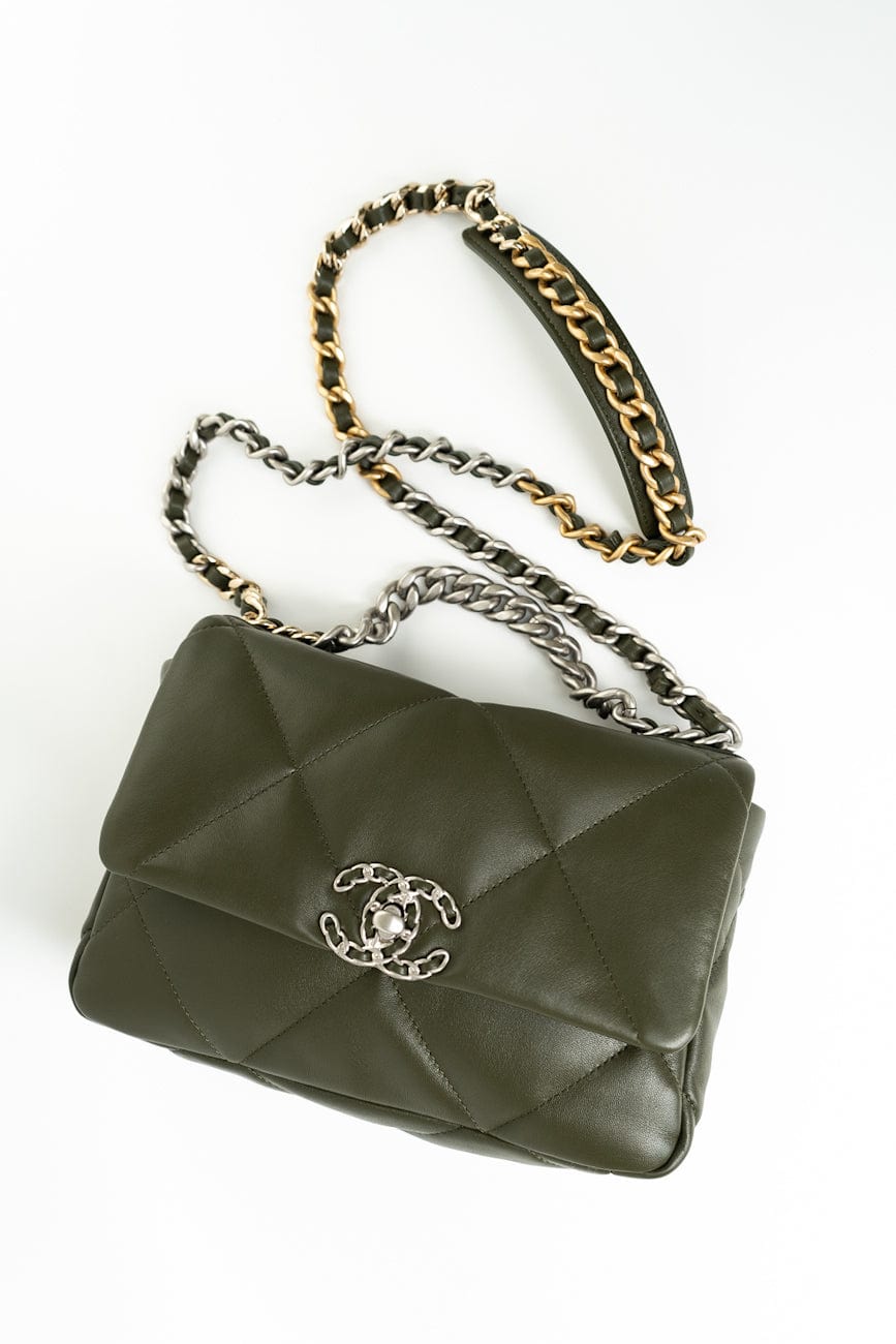 Khaki/ Olive Green Lambskin Quilted 19 Flap Small