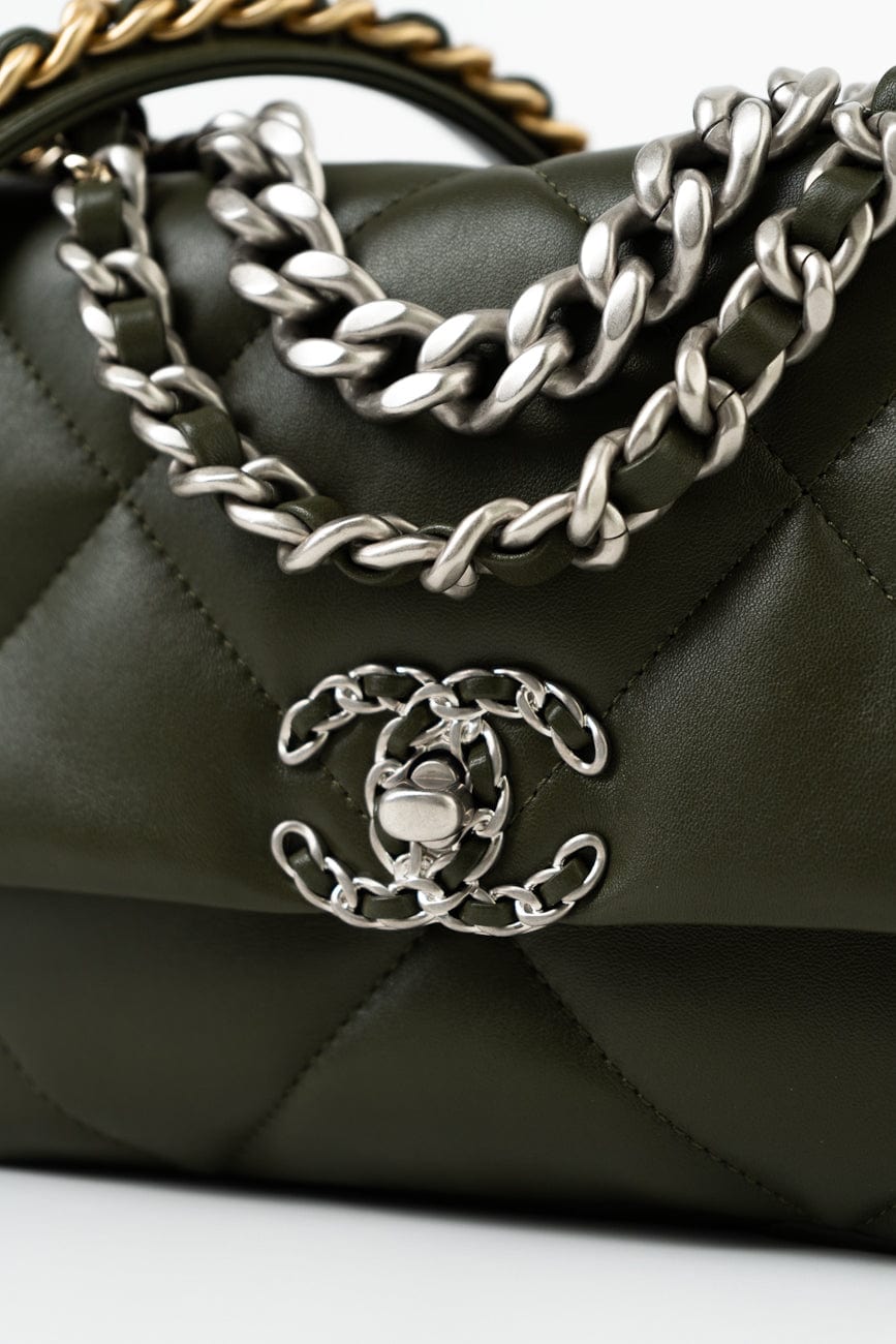 Khaki/ Olive Green Lambskin Quilted 19 Flap Small