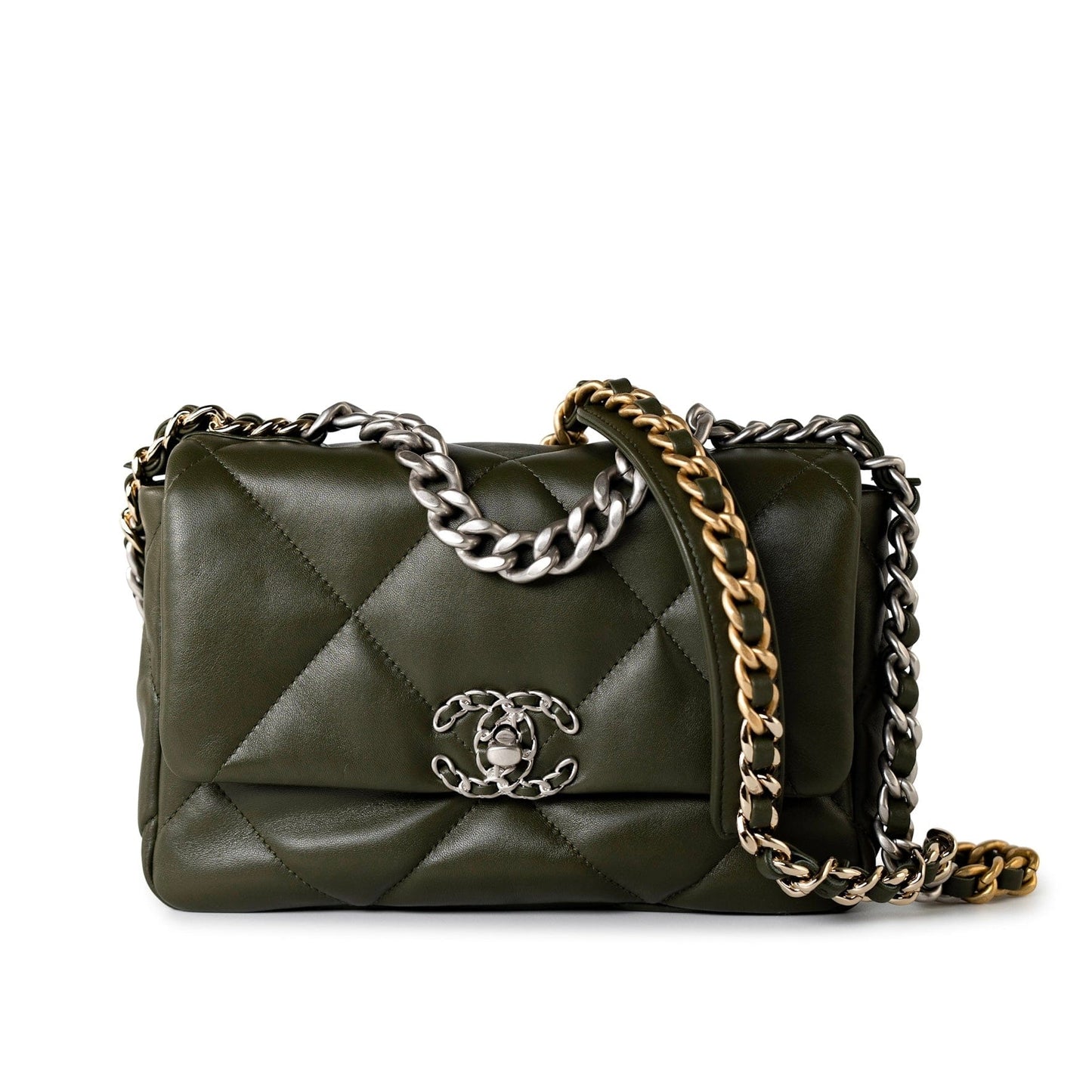 Khaki/ Olive Green Lambskin Quilted 19 Flap Small