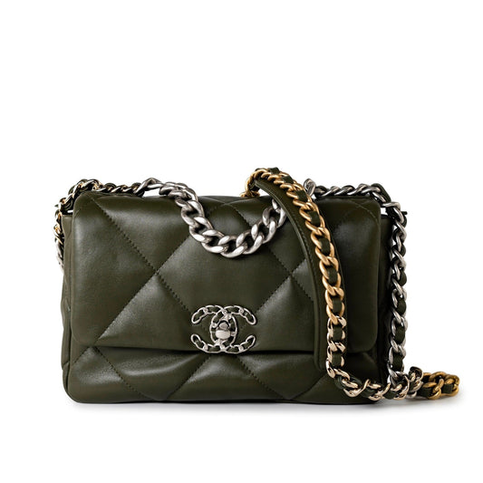 Khaki/ Olive Green Lambskin Quilted 19 Flap Small