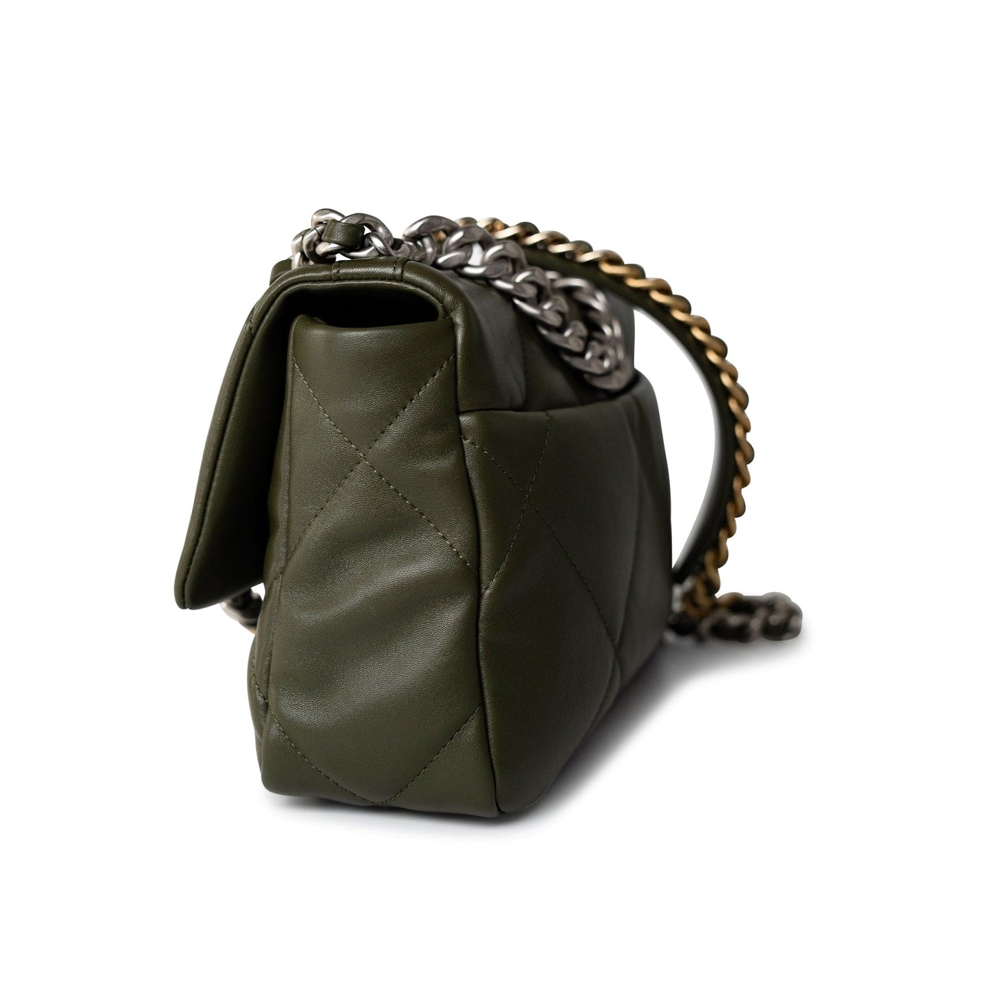 Khaki/ Olive Green Lambskin Quilted 19 Flap Small