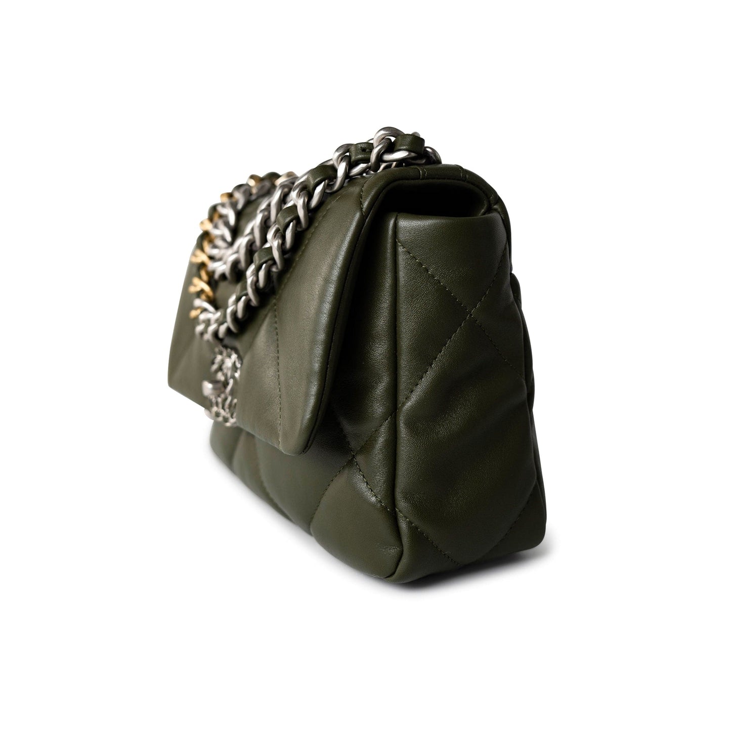 Khaki/ Olive Green Lambskin Quilted 19 Flap Small