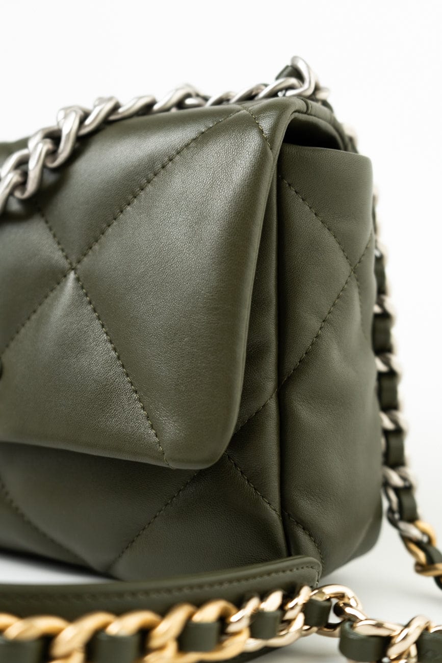 Khaki/ Olive Green Lambskin Quilted 19 Flap Small