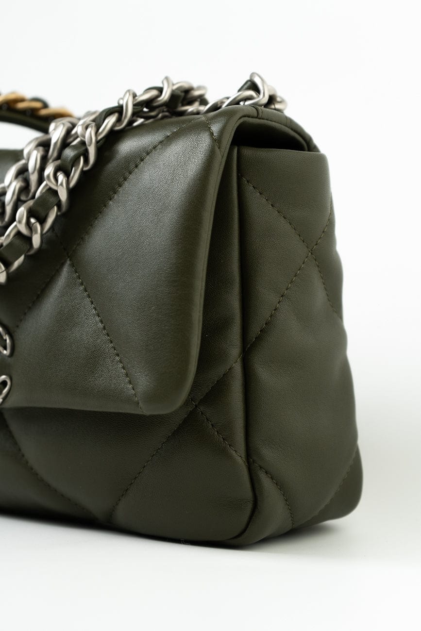 Khaki/ Olive Green Lambskin Quilted 19 Flap Small