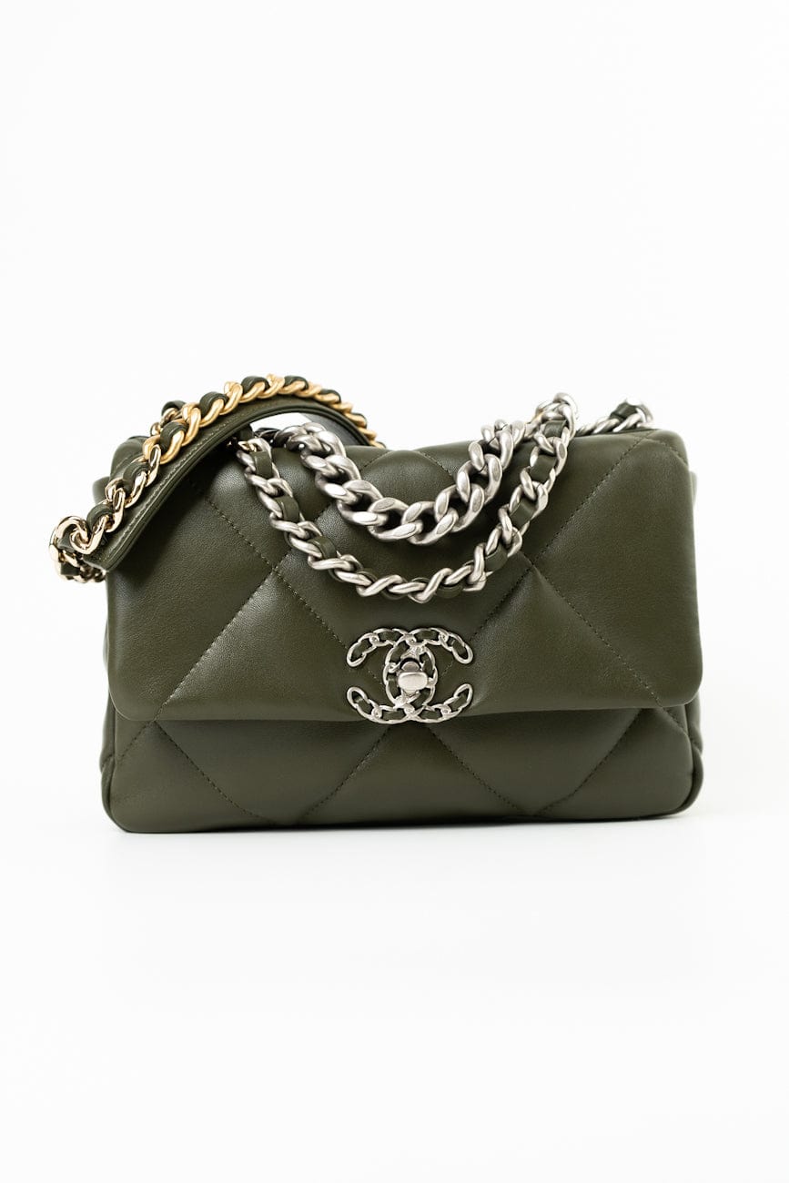 Khaki/ Olive Green Lambskin Quilted 19 Flap Small