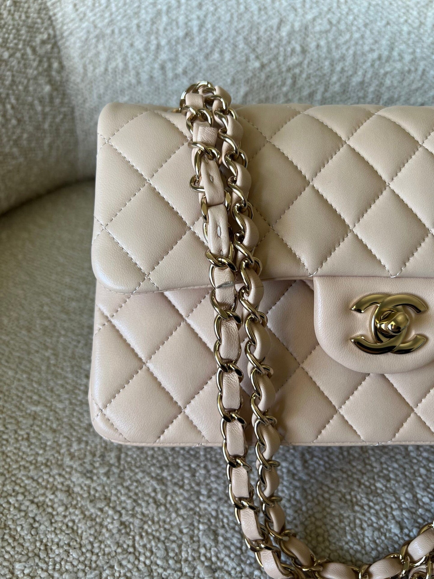 Light Beige Lambskin Quilted Classic Double Flap Small Light Gold Hardware