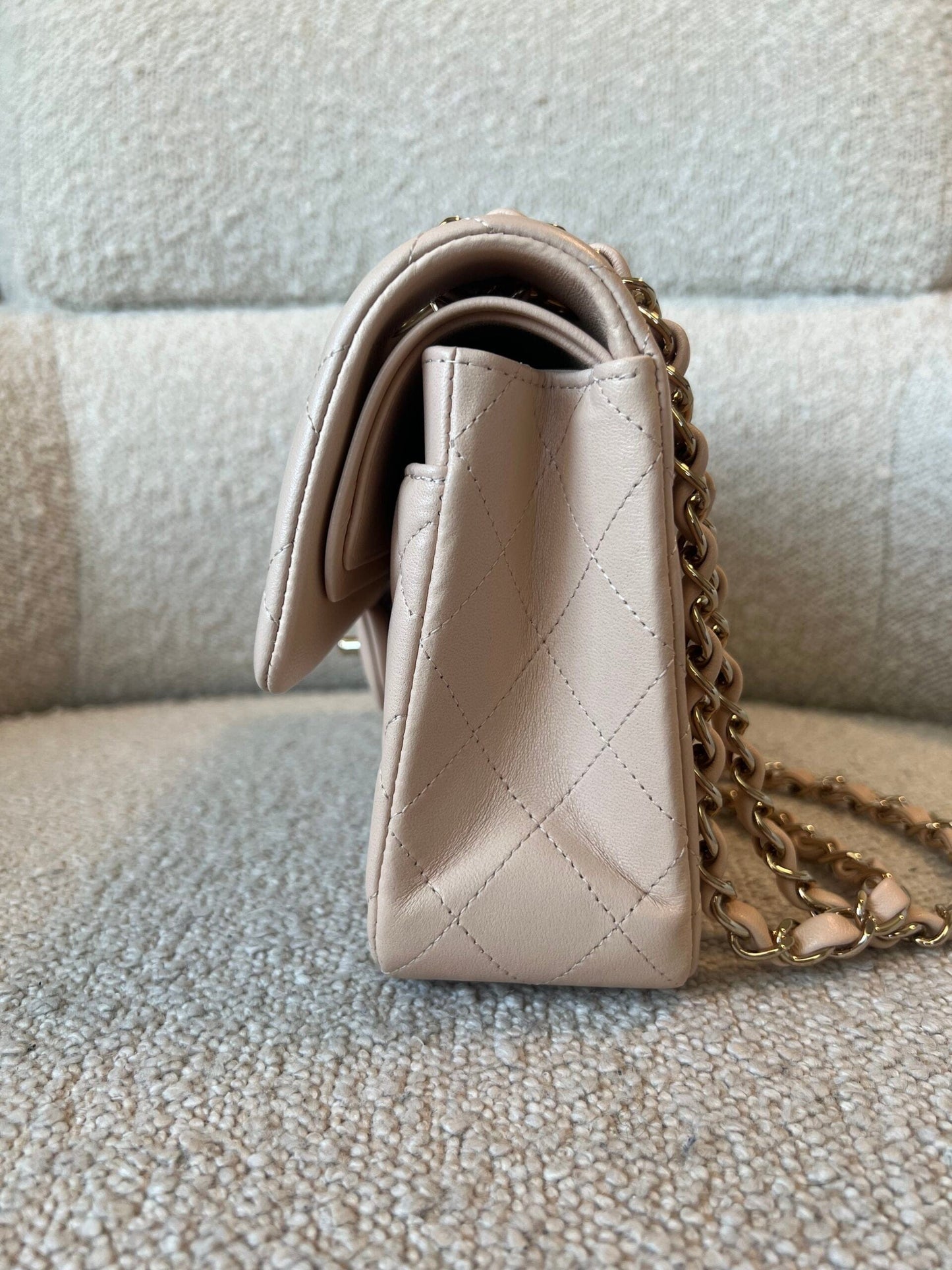 Light Beige Lambskin Quilted Classic Double Flap Small Light Gold Hardware