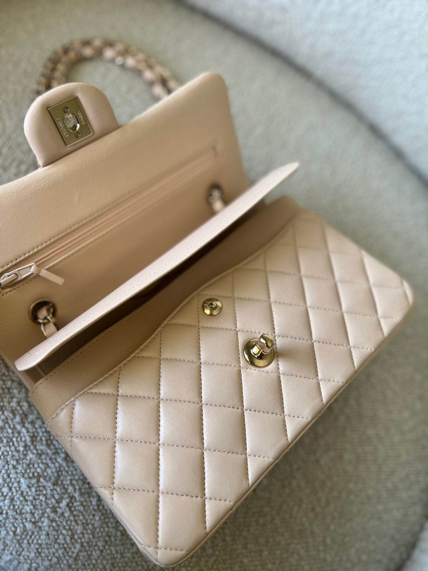 Light Beige Lambskin Quilted Classic Double Flap Small Light Gold Hardware