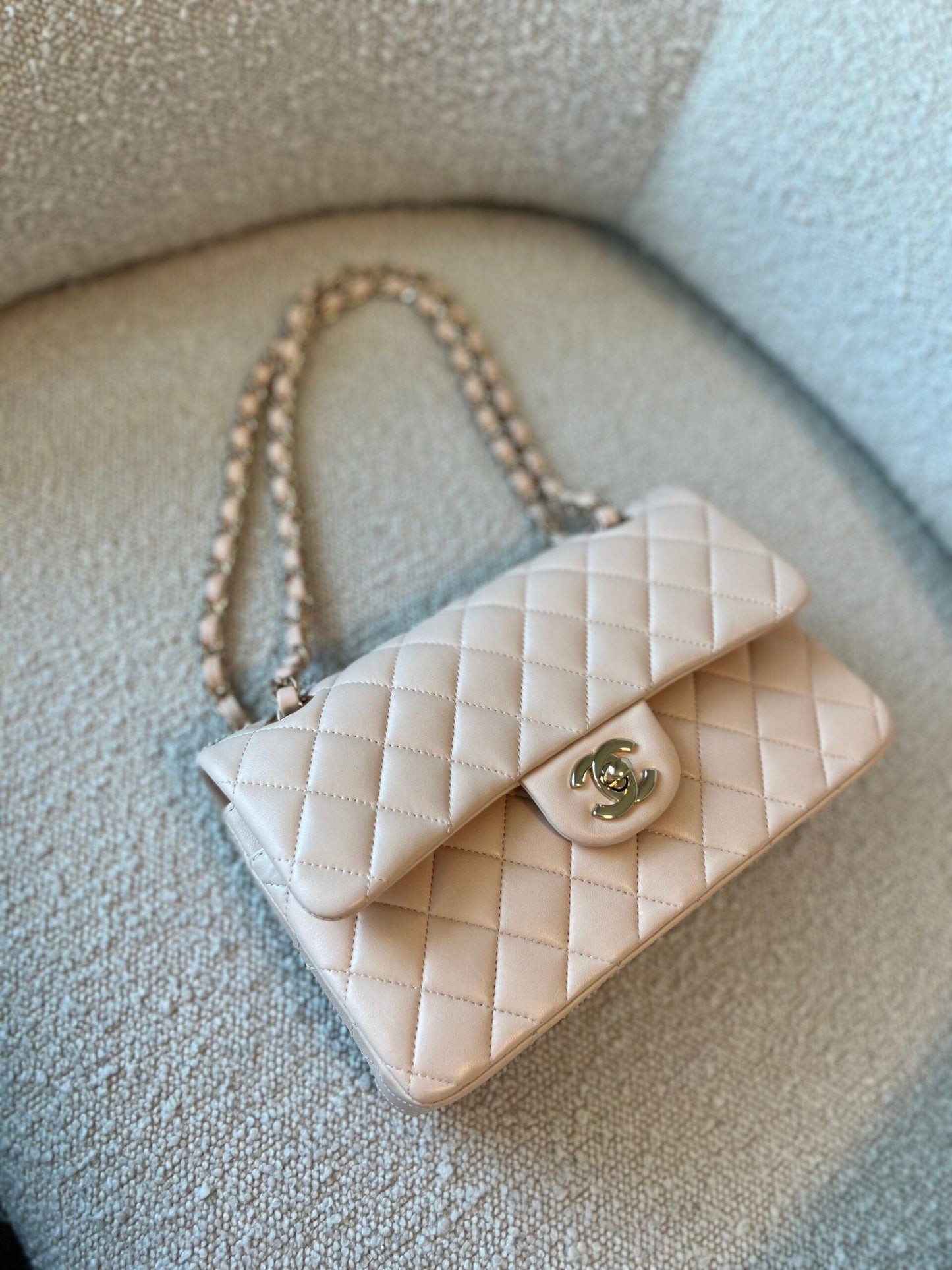 Light Beige Lambskin Quilted Classic Double Flap Small Light Gold Hardware