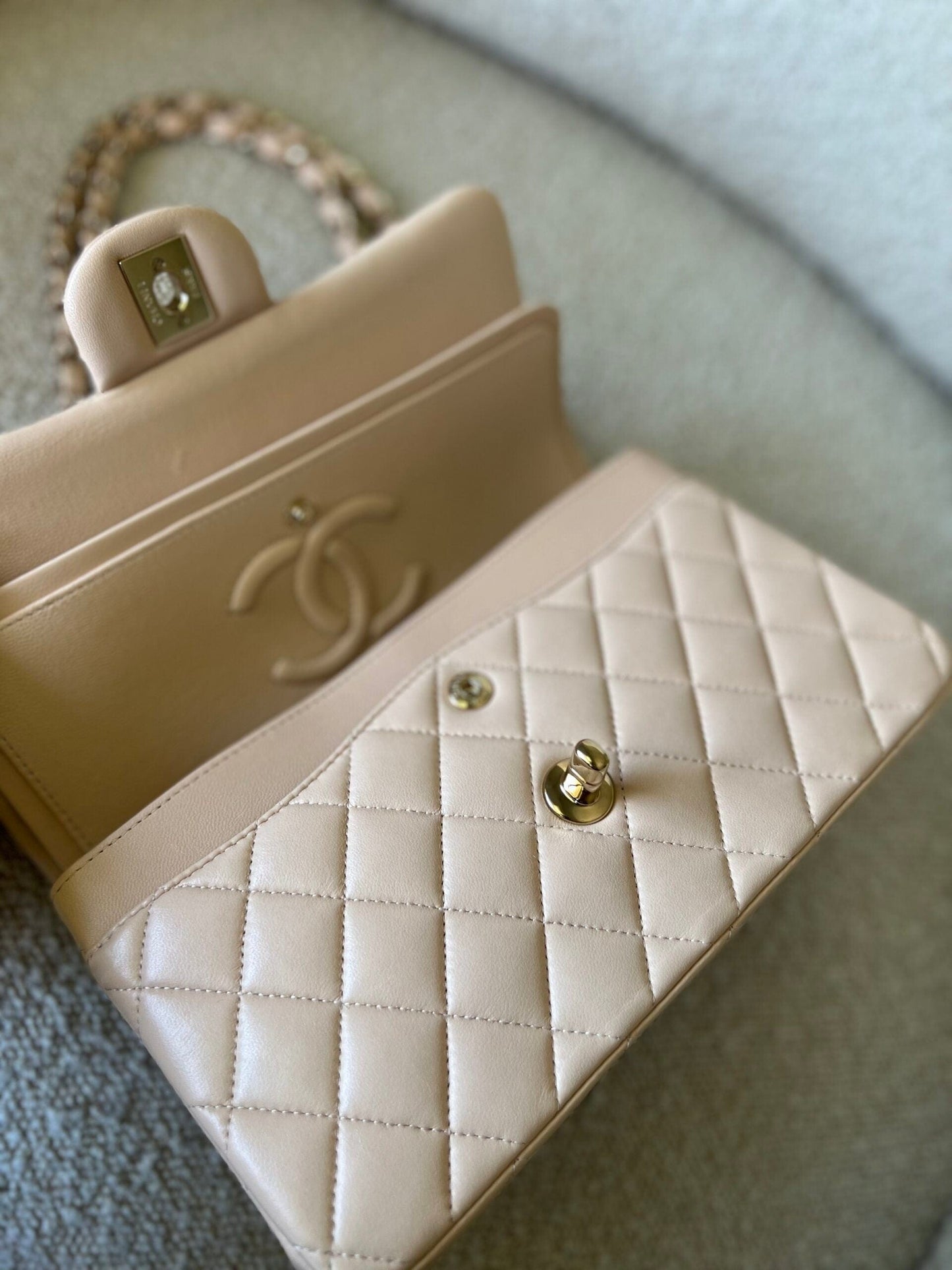 Light Beige Lambskin Quilted Classic Double Flap Small Light Gold Hardware