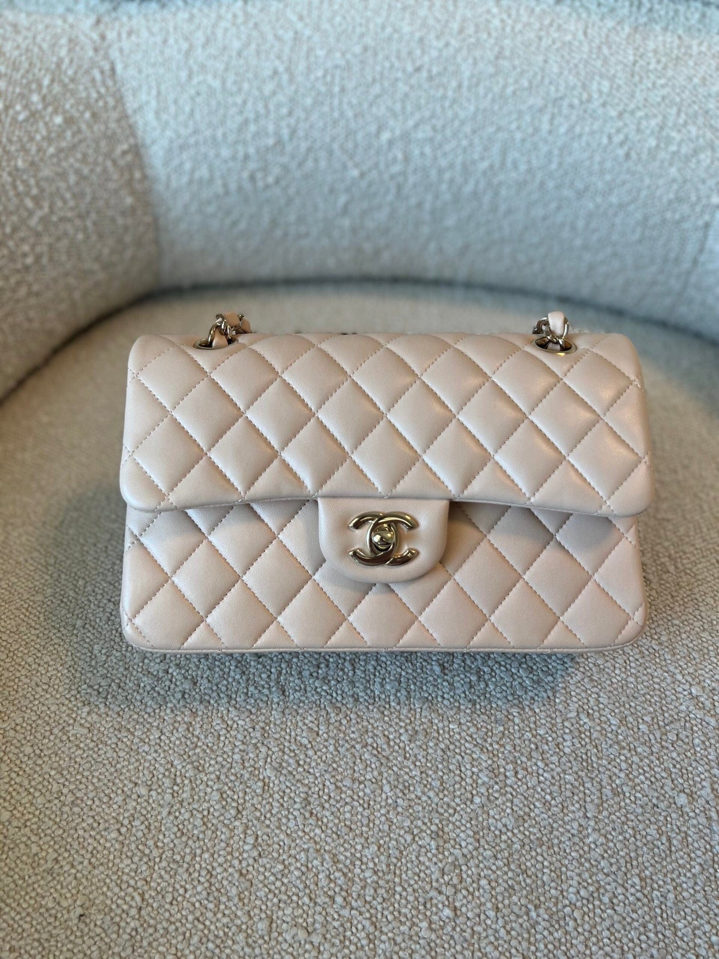 Light Beige Lambskin Quilted Classic Double Flap Small Light Gold Hardware