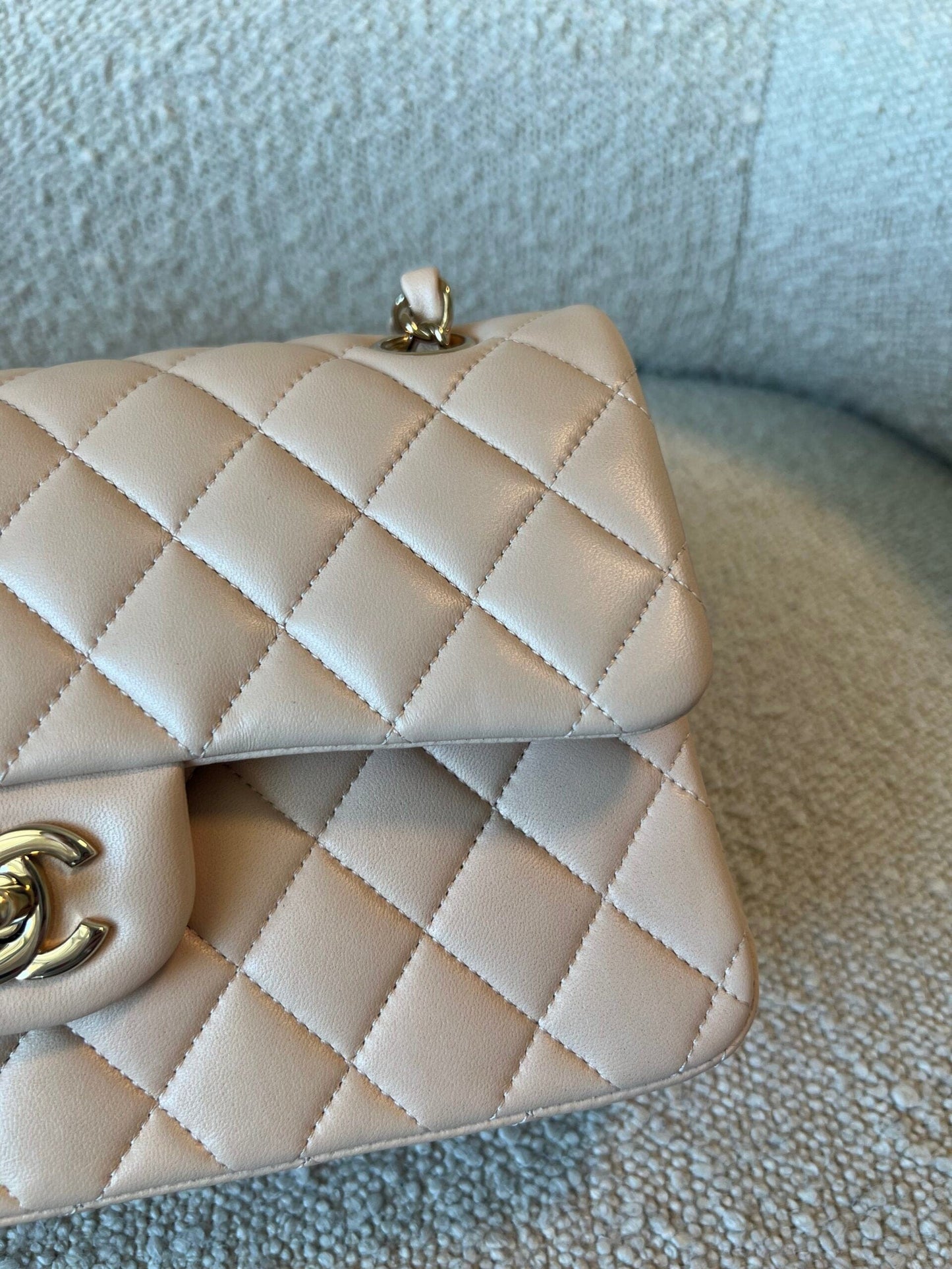 Light Beige Lambskin Quilted Classic Double Flap Small Light Gold Hardware