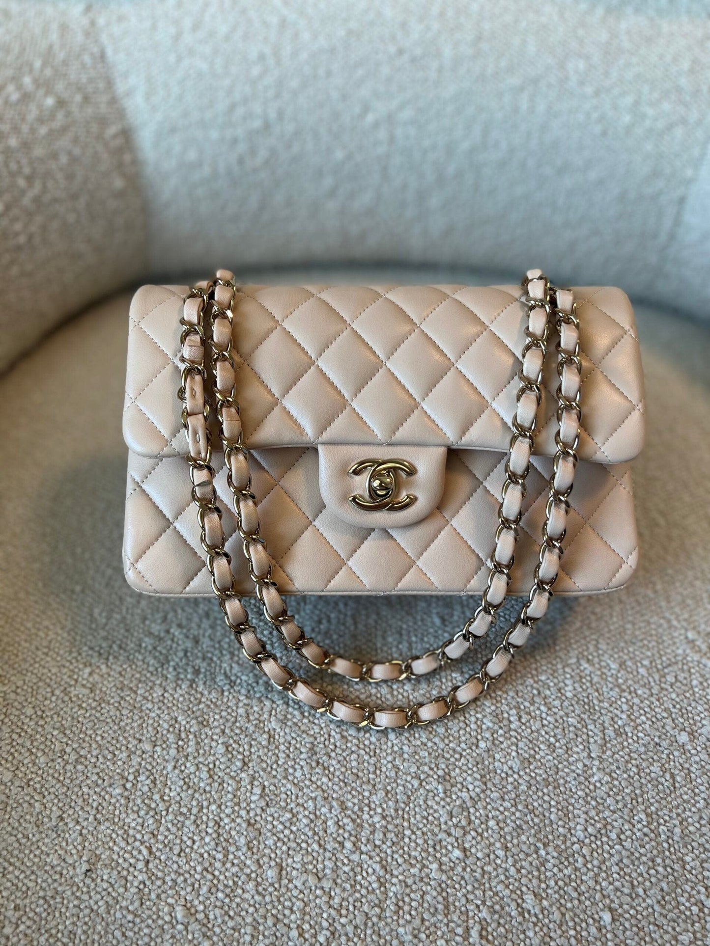 Light Beige Lambskin Quilted Classic Double Flap Small Light Gold Hardware