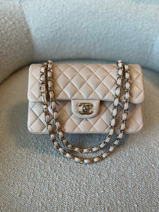 Light Beige Lambskin Quilted Classic Double Flap Small Light Gold Hardware