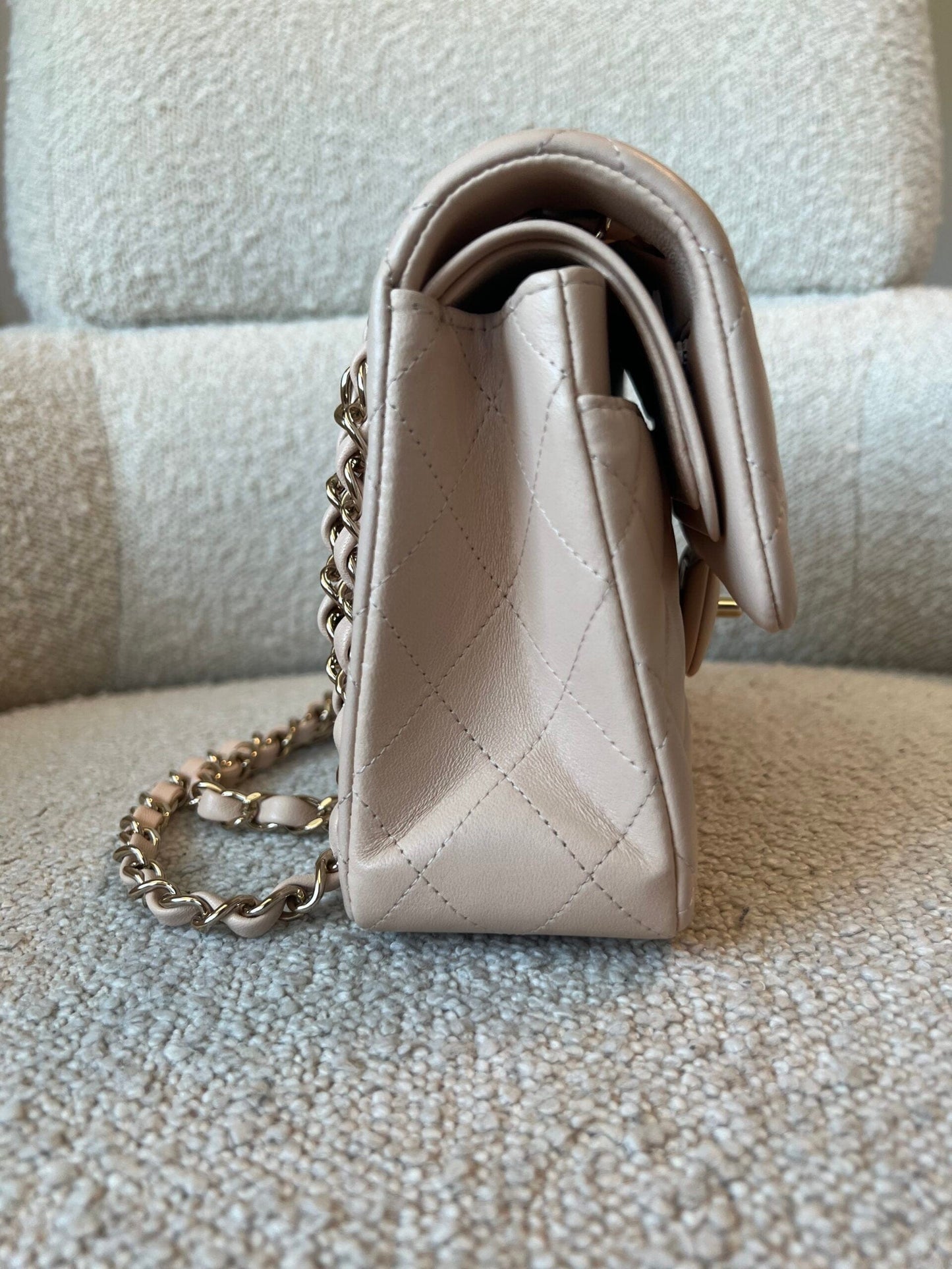 Light Beige Lambskin Quilted Classic Double Flap Small Light Gold Hardware