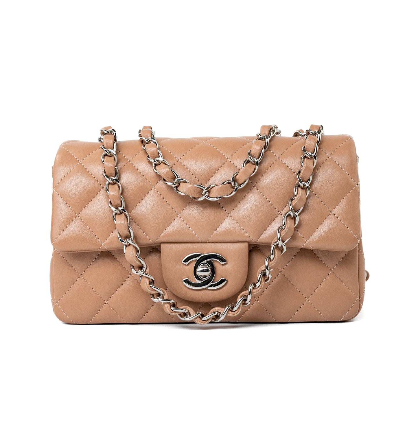 Light Caramel Lambskin Quilted Mini Rectangular Flap Silver Hardware