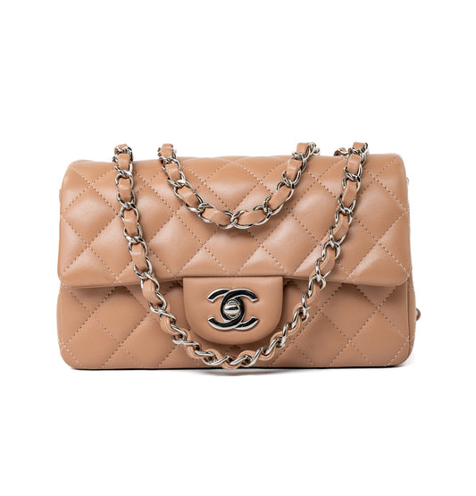 Light Caramel Lambskin Quilted Mini Rectangular Flap Silver Hardware