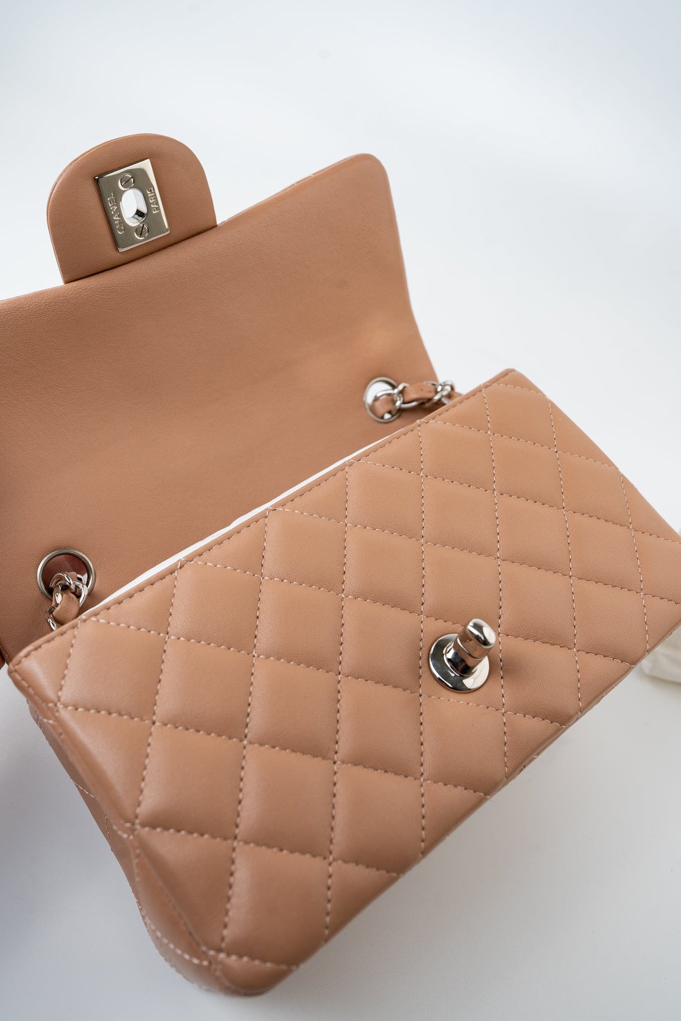Light Caramel Lambskin Quilted Mini Rectangular Flap Silver Hardware