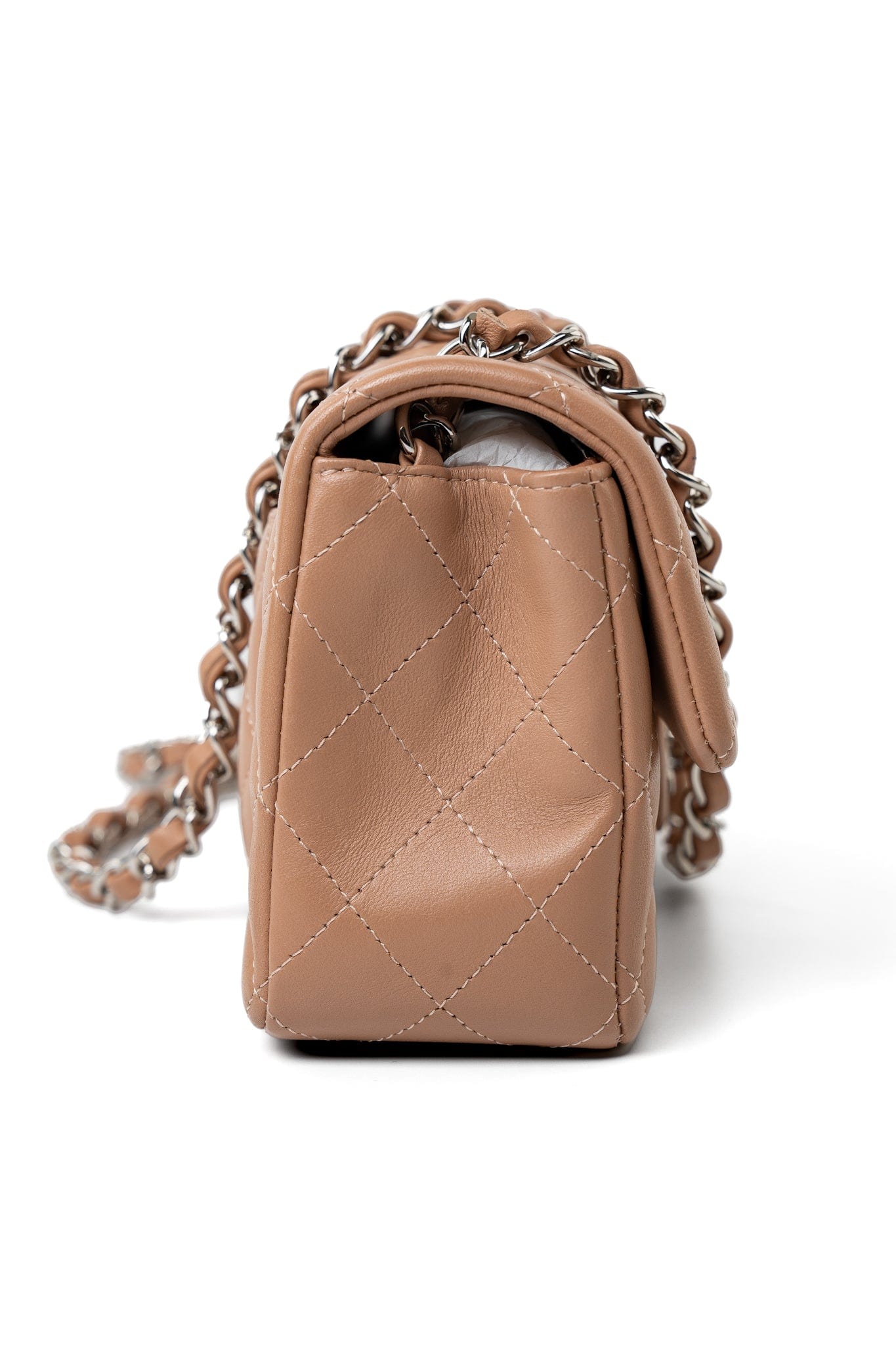 Light Caramel Lambskin Quilted Mini Rectangular Flap Silver Hardware