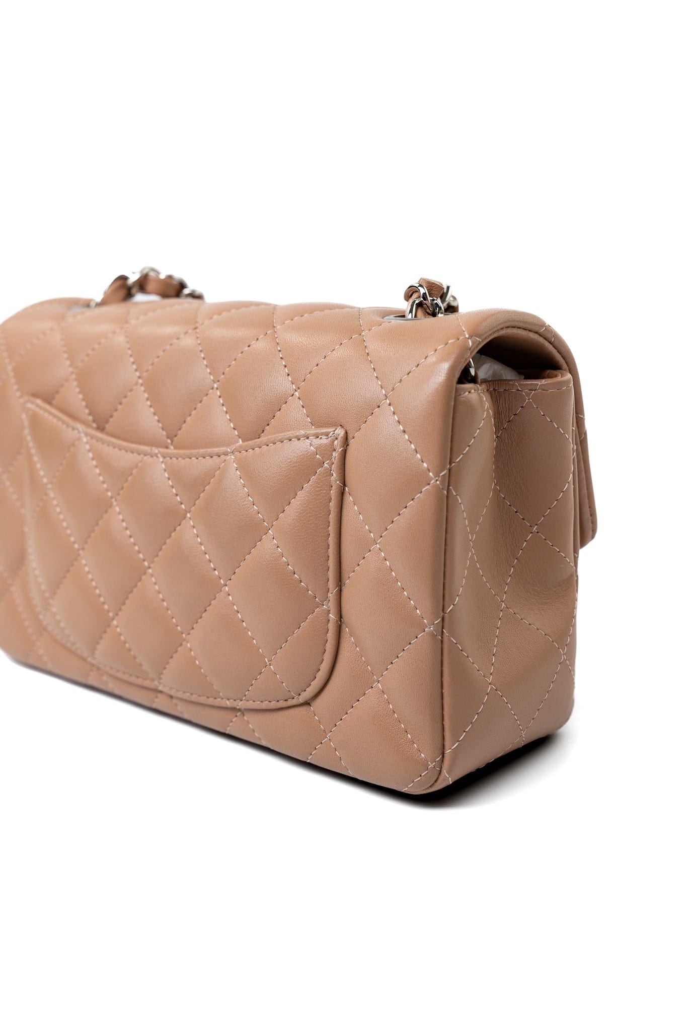 Light Caramel Lambskin Quilted Mini Rectangular Flap Silver Hardware